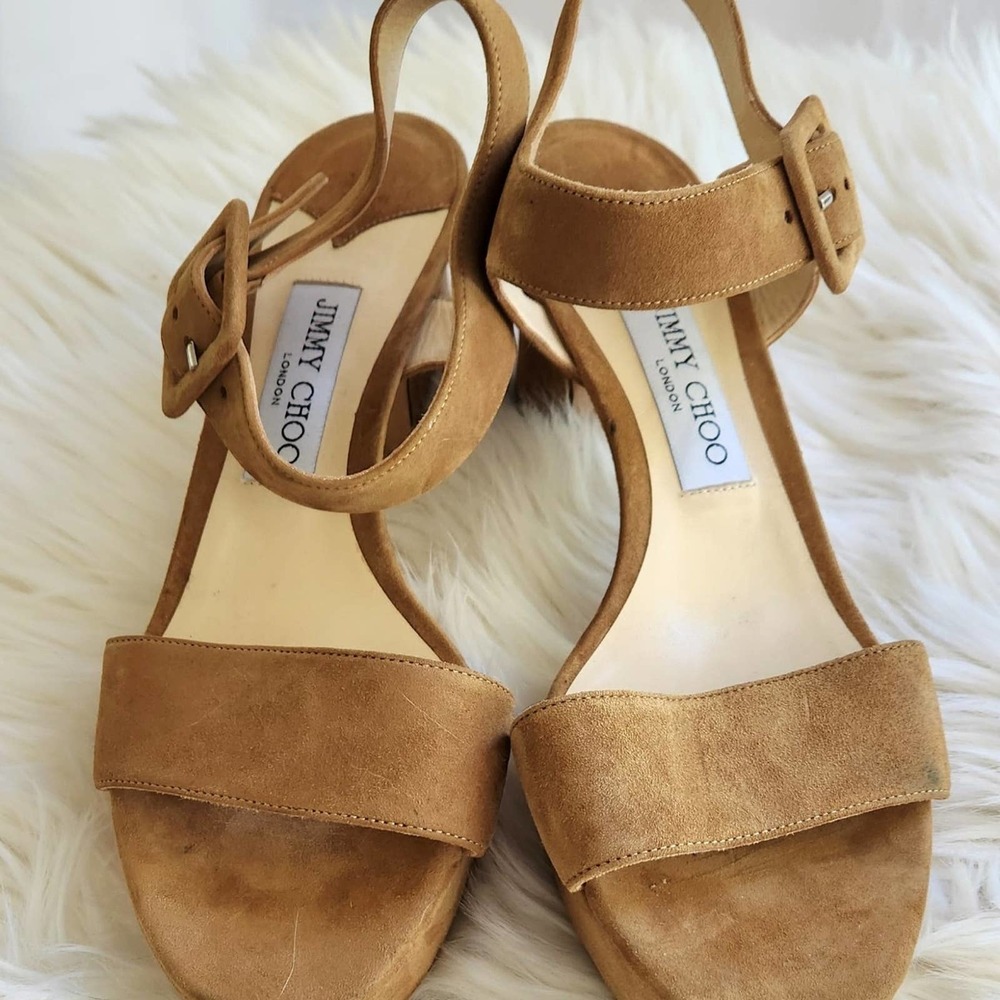 Jimmy Choo Tan Suede Block Heel Sandals
